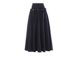 High Waist Navy Blue Button Pleated A-line Skirt For Women