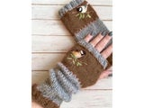 Embroidered Bird Gloves Women's Cotton Fingerless Gloves Knit Block Stitching