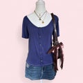 Seraphine Navy Blue Button-up Top with Lace Trim