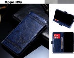 Oppo R9s retro leather wallet case slim cow hide finish navy