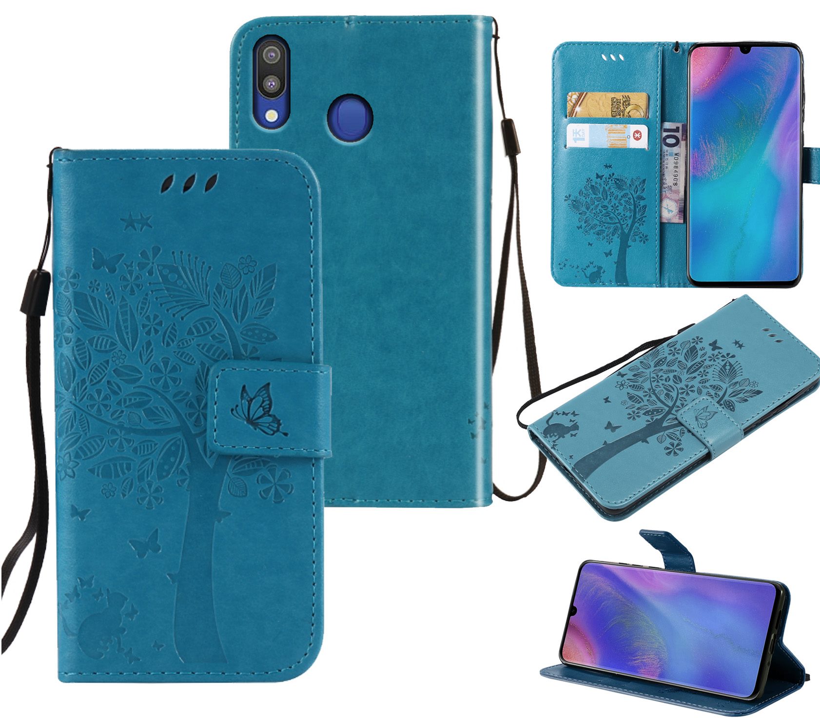 Samsung Galaxy M Pu Leather Wallet Case Embossed Cat Tree Blue Trade Me