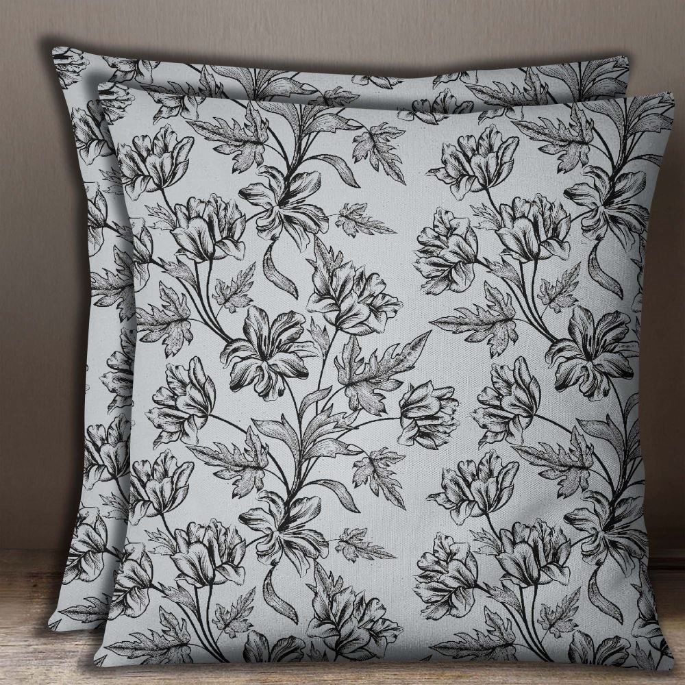 2 Pcs Floral Print Square Cushion Cover White Cotton Poplin Pillow Case Throw