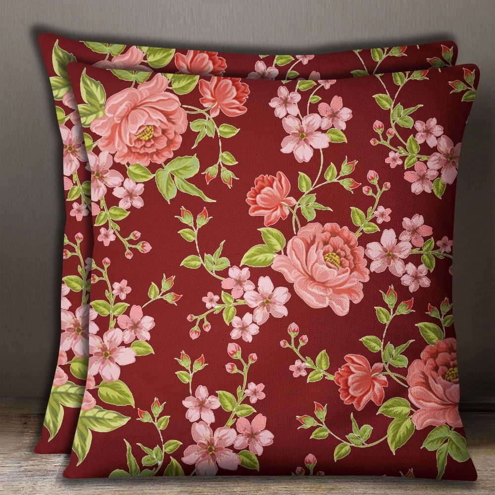S4Sassy 1 Pair Floral Print Cotton Poplin Maroon Pillow Sofa Cushion Cover Throw