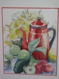 Listing 4 of 19 for Julie Feran Coffee Pot & Fruit & Flowers Watercolour Painting