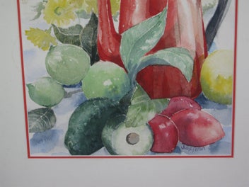 Listing 6 of 19 for Julie Feran Coffee Pot & Fruit & Flowers Watercolour Painting
