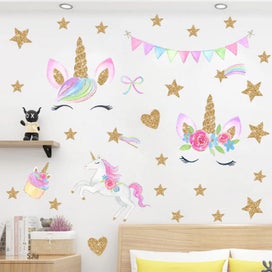 Listing 4 of 9 for Cartoon Unicorns Flower Flag Star Heart Wall Stickers / Decals - 6 Designs
