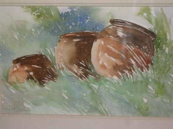 Listing 9 of 12 for Skelly or Kelly - Three Pots In The Garden - Original Watercolour Painting