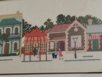 Listing 5 of 8 for Vintage Framed Cross Stitch Picture of a Street Scene
