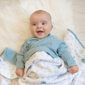 Listing 2 of 4 for Organic Muslin Pram Blanket - Banana leaf/Teal