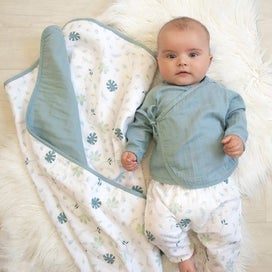 Listing 3 of 4 for Organic Muslin Pram Blanket - Banana leaf/Teal