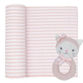 Listing 2 of 2 for Muslin Swaddle & Rattle - Kitty Blush/stripe