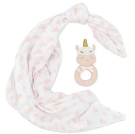 Listing 2 of 2 for Muslin Swaddle and Rattle- Unicorn/Blush cloud