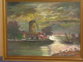 Listing 5 of 13 for Elliot ? Windmill On The Bay with Cottages & yacht Painting Artwork