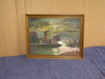 Listing 2 of 13 for Elliot ? Windmill On The Bay with Cottages & yacht Painting Artwork