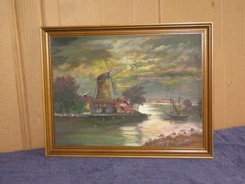 Listing 3 of 13 for Elliot ? Windmill On The Bay with Cottages & yacht Painting Artwork
