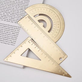 Listing 1 of 4 for 3 Pack Vintage Brass Straight Ruler, Triangle Ruler, Protractor, Geometry Set, C