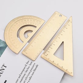 Listing 2 of 4 for 3 Pack Vintage Brass Straight Ruler, Triangle Ruler, Protractor, Geometry Set, C