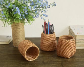 Listing 3 of 5 for Bran Handmade Makeup Brush Holderpencil Holder For Desk, Rattan Pen Cup(cylinder