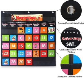 Listing 2 of 5 for Black Monthly Calendar Pocket Chart With 88 Cards, Black Educational Pocket Char