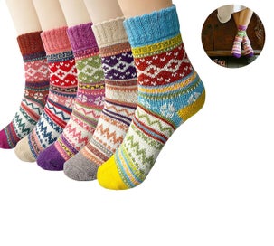 Listing 3 of 5 for 5 Pairs Of Winter Wool Ladies Socks, Colorful Patterned Knitted Socks