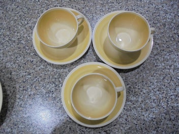 Listing 2 of 16 for Suzie Cooper. (X6) Saucers. (X3) Cups. (X1) Bowl. Feather Pattern. Pick Up Only.