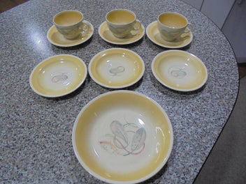 Listing 1 of 16 for Suzie Cooper. (X6) Saucers. (X3) Cups. (X1) Bowl. Feather Pattern. Pick Up Only.