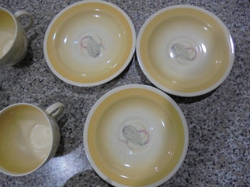 Listing 7 of 16 for Suzie Cooper. (X6) Saucers. (X3) Cups. (X1) Bowl. Feather Pattern. Pick Up Only.