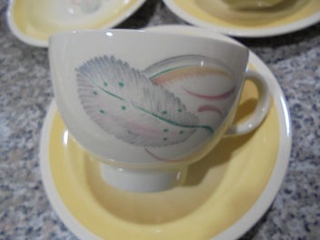 Listing 12 of 16 for Suzie Cooper. (X6) Saucers. (X3) Cups. (X1) Bowl. Feather Pattern. Pick Up Only.
