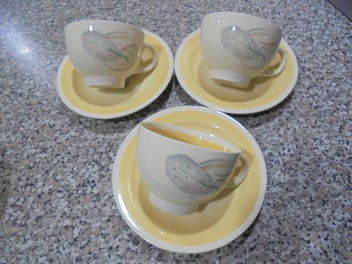 Listing 3 of 16 for Suzie Cooper. (X6) Saucers. (X3) Cups. (X1) Bowl. Feather Pattern. Pick Up Only.