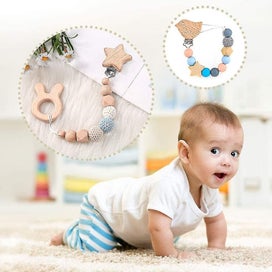 Listing 3 of 4 for Attached Pacifier Chain Stroller Teether Set.wood Bead Rattle Rings Kit Fr Baby