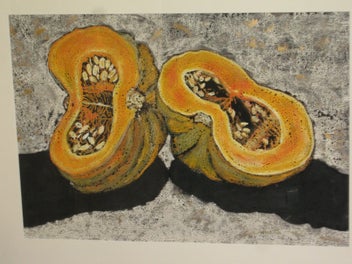 Listing 6 of 10 for Large Cut Pumpkin Still Life Original Painting (acrylic or pastel ?)