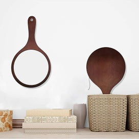 Listing 4 of 4 for Brown Wooden Round Hand Mirror With Wooden Handle For Makeup, Cutting, Shaving,