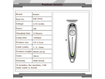 Listing 4 of 10 for Kemei 1949 All-Metal Hair Trimmer Professional Clipper For Barber Rechargeable
