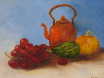 Listing 8 of 15 for B Lee - Kettle Grapes & Vegetables Original Painting on Canvas