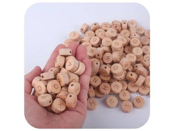 Listing 4 of 9 for 10pcs Organic Wooden English Beads Beech Wood Flat Round Alphabet Letter Beads