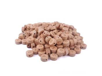 Listing 6 of 9 for 10pcs Organic Wooden English Beads Beech Wood Flat Round Alphabet Letter Beads