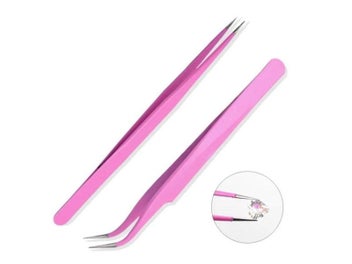 Listing 3 of 5 for 2pcs Pink Stainless Steel Tweezers Straight Curved Pick Up Tools Eyelash