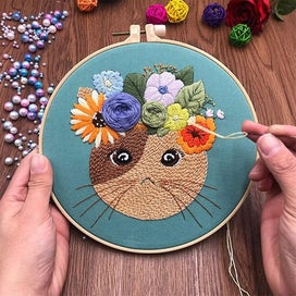 Listing 2 of 4 for Adult Beginner Embroidery Kit Blue Contains Cat Fabric Colored Thread Nee