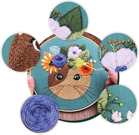 Listing 3 of 4 for Adult Beginner Embroidery Kit Blue Contains Cat Fabric Colored Thread Nee