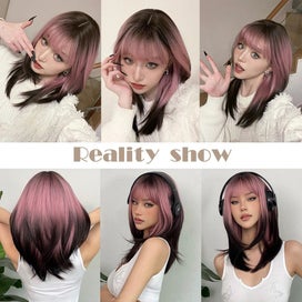 Listing 6 of 9 for FERRE Black Pink Ombre Synthetic Cosplay Long Straight Layered Wigs with Bang...