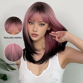 Listing 5 of 9 for FERRE Black Pink Ombre Synthetic Cosplay Long Straight Layered Wigs with Bang...