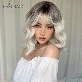 Listing 3 of 4 for EASIHAIR Ombre Blonde Short Wavy Cosplay Lolita with Bangs Light Platinum Bob...