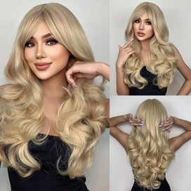 Listing 2 of 13 for Natural Blonde Yellow Long Wavy Synthetic with Bangs Women Body Wave Afro Fem...