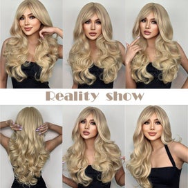 Listing 11 of 13 for Natural Blonde Yellow Long Wavy Synthetic with Bangs Women Body Wave Afro Fem...