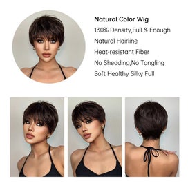 Listing 2 of 5 for Short Pixie Cut Dark Brown Synthetic Wigs Natural Straight Layered Wig with F...