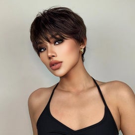 Listing 3 of 5 for Short Pixie Cut Dark Brown Synthetic Wigs Natural Straight Layered Wig with F...