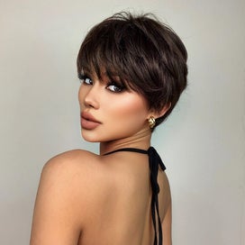 Listing 5 of 5 for Short Pixie Cut Dark Brown Synthetic Wigs Natural Straight Layered Wig with F...
