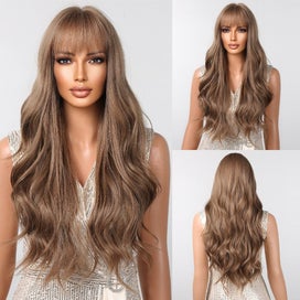 Listing 2 of 8 for Brown Wavy Wigs for Women with Bangs Long Natural Synthetic Hair Wig Daily Co...