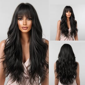 Listing 4 of 8 for Brown Wavy Wigs for Women with Bangs Long Natural Synthetic Hair Wig Daily Co...