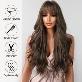 Listing 5 of 8 for Brown Wavy Wigs for Women with Bangs Long Natural Synthetic Hair Wig Daily Co...